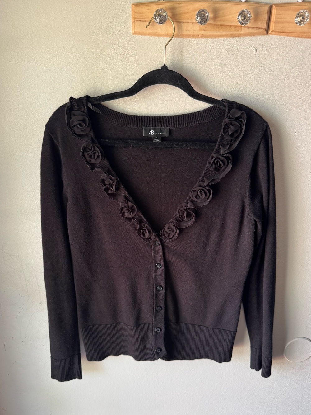 AB Studio Black 100% Cotton Cardigan Sweater Rosette V-Neck Medium